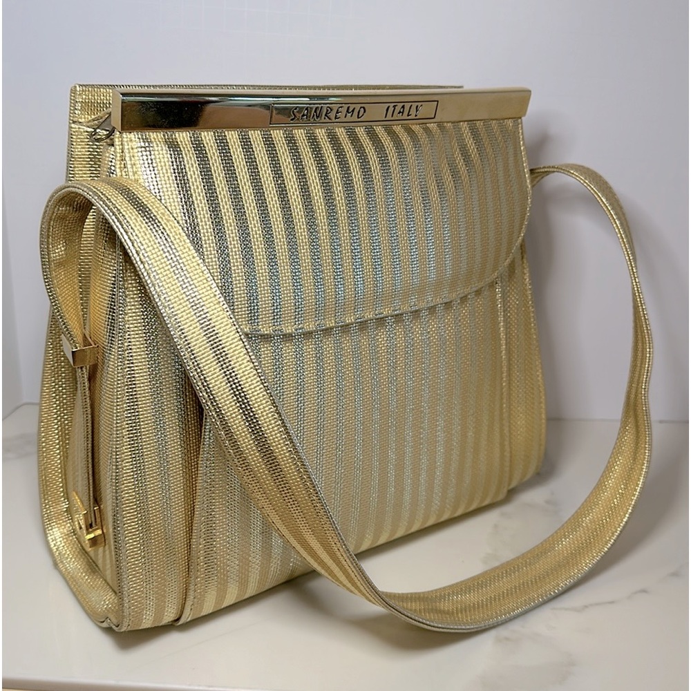 Vintage Tango Sanremo Italy gold bag hard body zip close two-tone gold stripe.